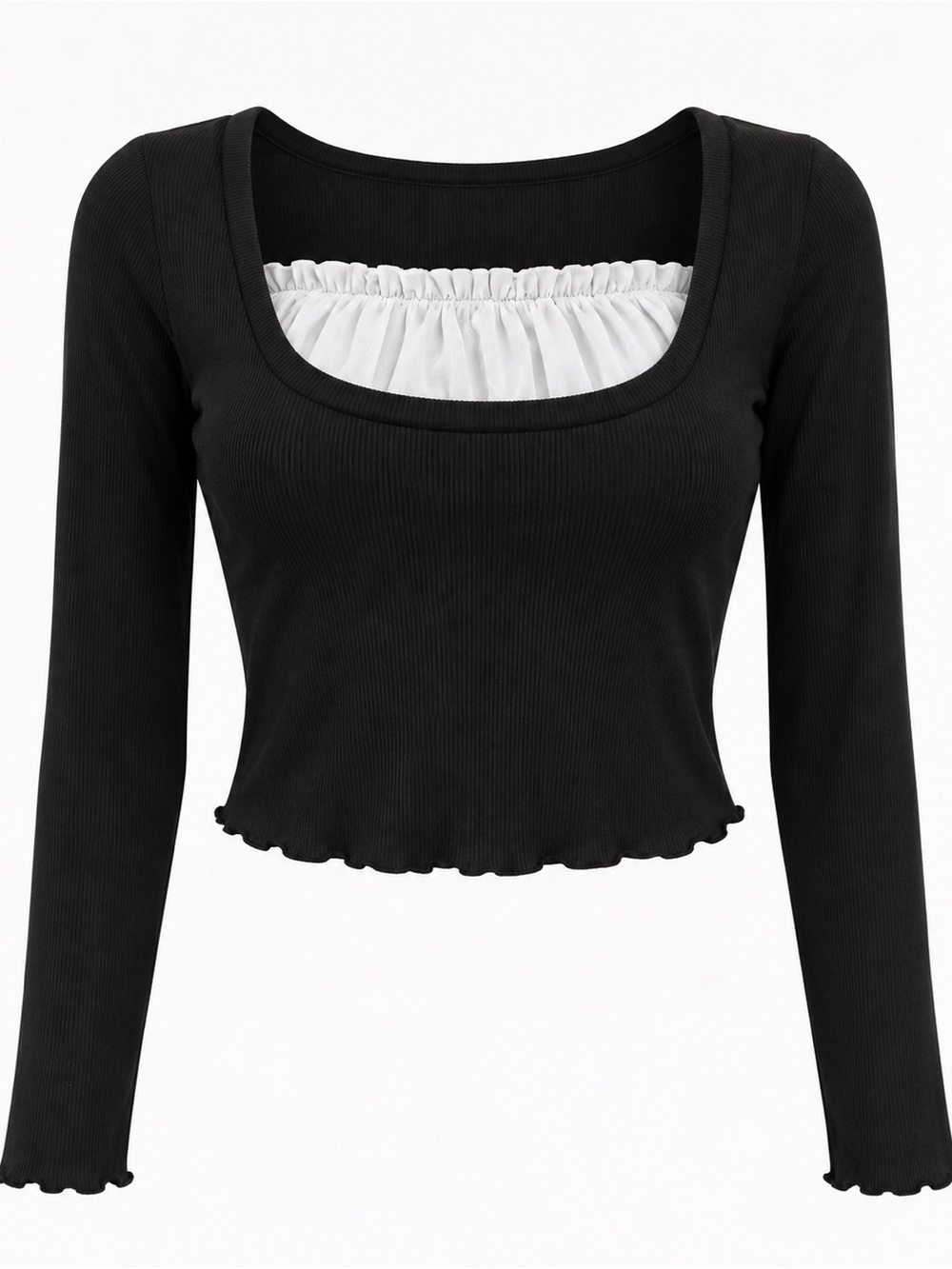 ROMWE Black Long Sleeve Scoop Neck Top with White Ruched Inset S